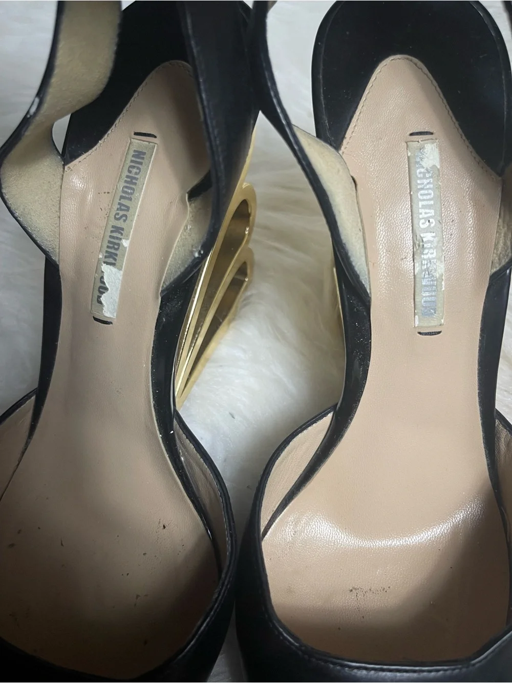 Nicholas Kirwood leather Black Ankle-Strap Heels Gold tSculpted Heel EU SZ 37.5